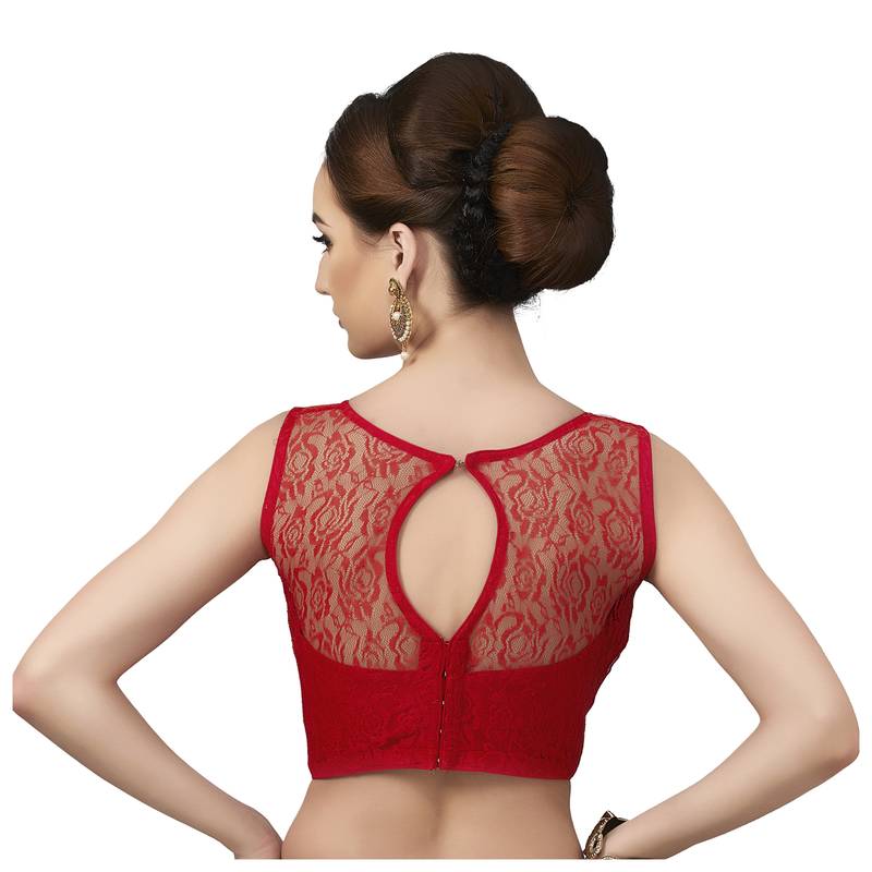 High Neck Red Full Net Padded Sleeveless Readymade Saree Blouse
