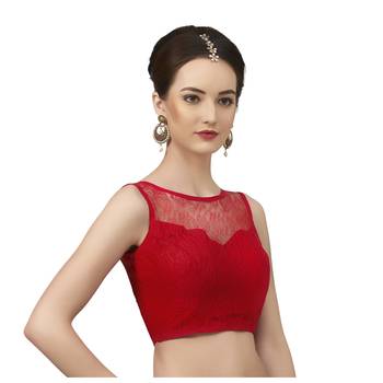 High Neck Red Full Net Padded Sleeveless Readymade Saree Blouse 3