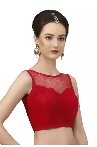 High Neck Red Full Net Padded Sleeveless Readymade Saree Blouse