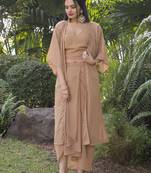 Modestouze Attires Women's Foil Printed Flared Sleeves Georgette Fabric Ethnic Jacket With Top And Skirt Set (Brown) 