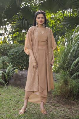 Modestouze Attires Women's Foil Printed Flared Sleeves Georgette Fabric Ethnic Jacket With Top And Skirt Set (Brown)  3
