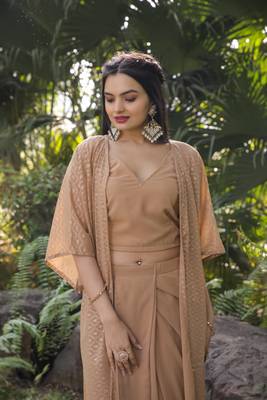 Modestouze Attires Women's Foil Printed Flared Sleeves Georgette Fabric Ethnic Jacket With Top And Skirt Set (Brown)  4