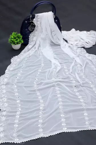 White Cotton fabric Sequine Embroidered work Dupatta.