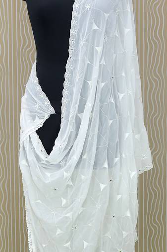 White Cotton fabric Sequine Embroidered work Dupatta.