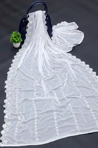 White Cotton fabric Sequine Embroidered work Dupatta.