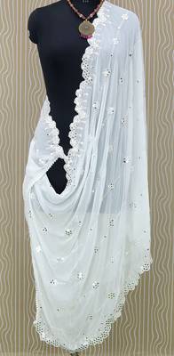 White Cotton fabric Sequine Embroidered work Dupatta. 1