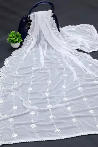 White Cotton fabric Sequine Embroidered work Dupatta.