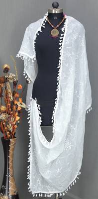 White Cotton fabric Sequine Embroidered work Dupatta. 1
