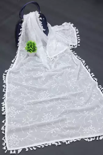 White Cotton fabric Sequine Embroidered work Dupatta.