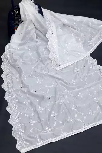 White Sequine Embroidered work Cotton Bland Fabric Dupatta.