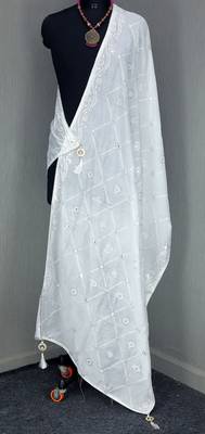 White Sequine Embroidered work Cotton Bland Fabric Dupatta. 1