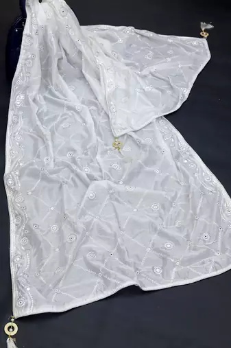 White Sequine Embroidered work Cotton Bland Fabric Dupatta.