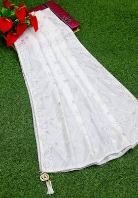 White Sequine Embroidered work Cotton Bland Fabric Dupatta. 3