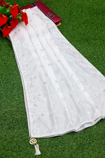 White Sequine Embroidered work Cotton Bland Fabric Dupatta.