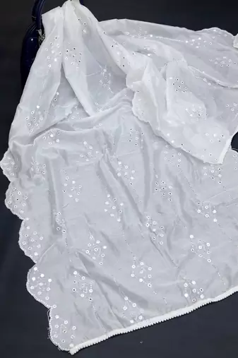 White Sequine Embroidered work Cotton Bland Fabric Dupatta.
