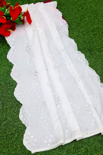 White Sequine Embroidered work Cotton Bland Fabric Dupatta.
