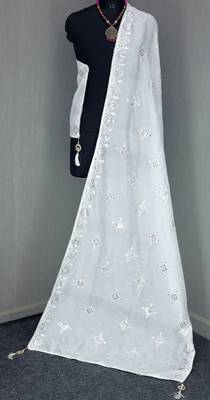 White Sequine Embroidered work Cotton Bland Fabric Dupatta. 1