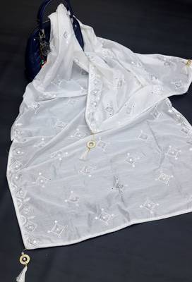 White Sequine Embroidered work Cotton Bland Fabric Dupatta. 2