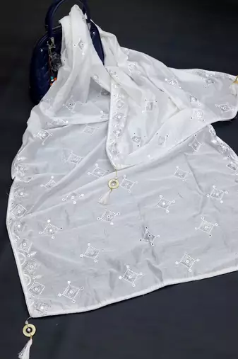 White Sequine Embroidered work Cotton Bland Fabric Dupatta.