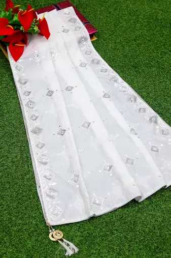 White Sequine Embroidered work Cotton Bland Fabric Dupatta.