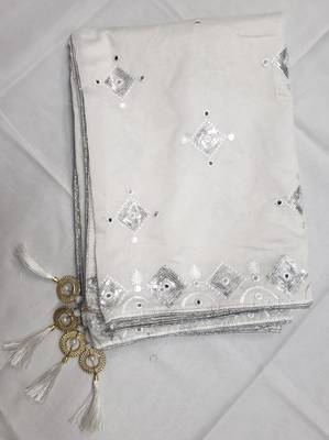 White Sequine Embroidered work Cotton Bland Fabric Dupatta. 4