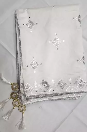 White Sequine Embroidered work Cotton Bland Fabric Dupatta.