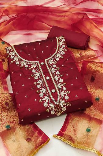 Women's maroon unstitched banarasi jari weaving work cotton jacquard dress material