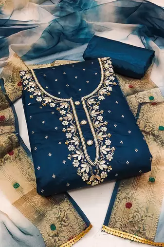 Women's teal blue unstitched banarasi jari weaving work cotton jacquard dress material