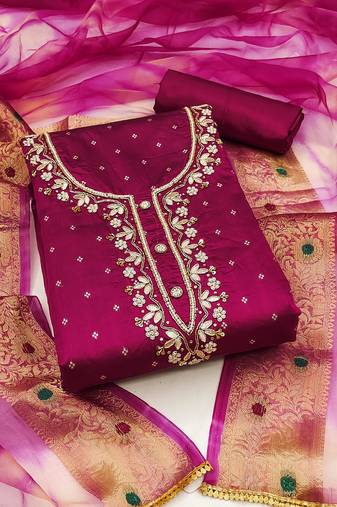 Women's magenta unstitched banarasi jari weaving work cotton jacquard dress material