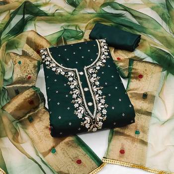 Women's bottle green banarasi jari weaving work cotton jacquard dress material 1