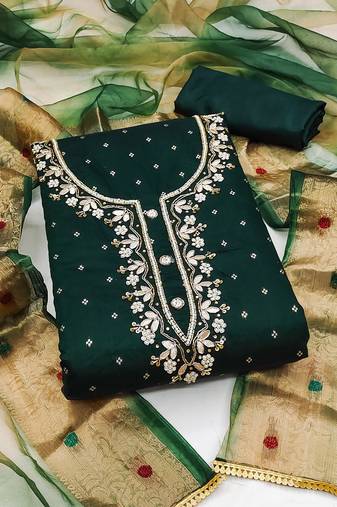 Women's bottle green unstitched banarasi jari weaving work cotton jacquard dress material