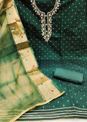 Women's bottle green banarasi jari weaving work cotton jacquard dress material 2