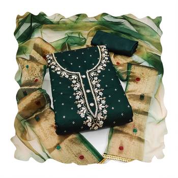 Women's bottle green banarasi jari weaving work cotton jacquard dress material 3