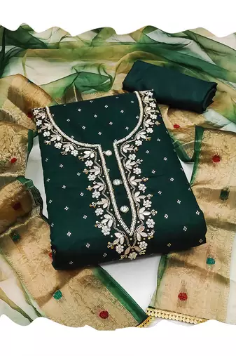 Women's bottle green banarasi jari weaving work cotton jacquard dress material