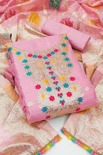 Women's pink unstitched banarasi jari weaving work organza jacquard dress material