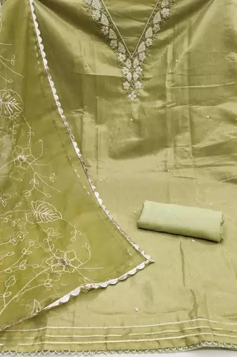 Women's olive heavy handwork simmar cotton dress material