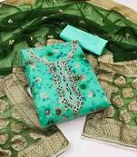 Women's sea green unstitched hand work organza dress material