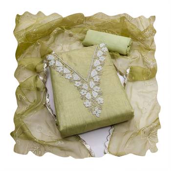 Women's olive heavy handwork simmar cotton dress material 3