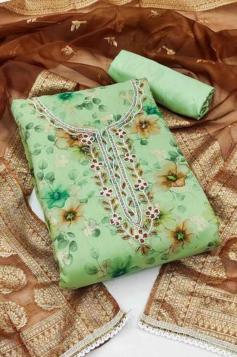 Women's pista green unstitched hand work organza dress material
