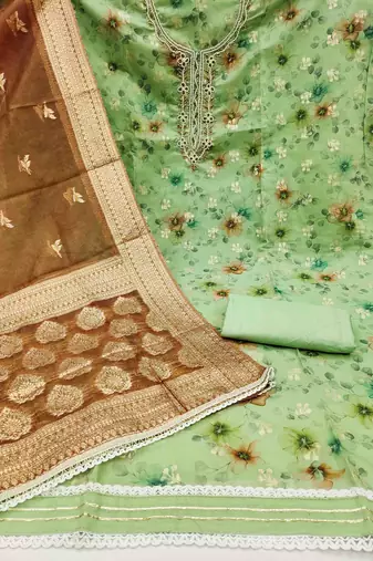 Women's pista green hand work organza dress material