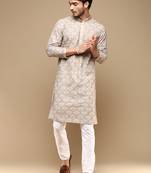Dapper & dazzling men's solid chikankari with sequins party wear cotton kurta set by sanwara-3023