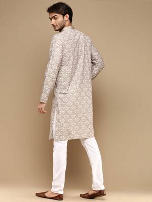 Dapper & dazzling men's solid chikankari with sequins party wear cotton kurta set by sanwara-3023 3