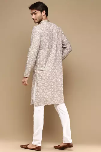 Dapper & dazzling men's solid chikankari with sequins party wear cotton kurta set by sanwara-3023