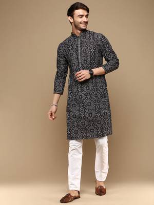 Dapper & dazzling men's solid chikankari with sequins party wear cotton kurta set by sanwara-3024 1