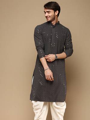 Dapper & dazzling men's solid  chikankari with sequins party wear cotton kurta by sanwara -2982 1