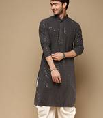 Dapper & dazzling men's solid  chikankari with sequins party wear cotton kurta by sanwara -2982