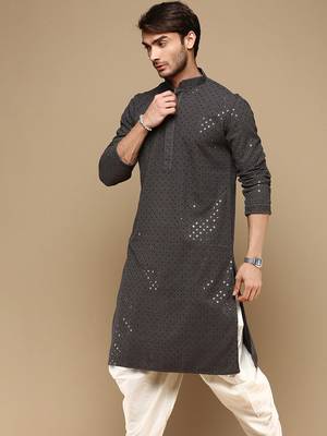Dapper & dazzling men's solid  chikankari with sequins party wear cotton kurta by sanwara -2982 2