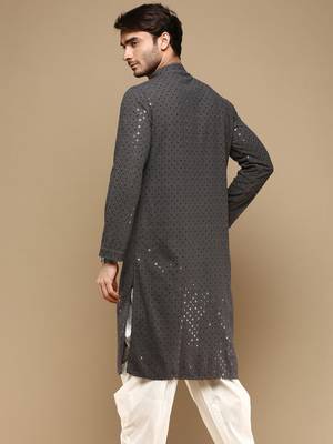 Dapper & dazzling men's solid  chikankari with sequins party wear cotton kurta by sanwara -2982 3