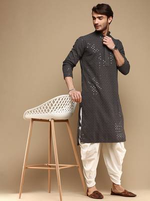 Dapper & dazzling men's solid  chikankari with sequins party wear cotton kurta by sanwara -2982 5