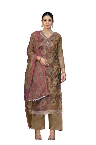 Women's multi unstitched hand work organza dress material 